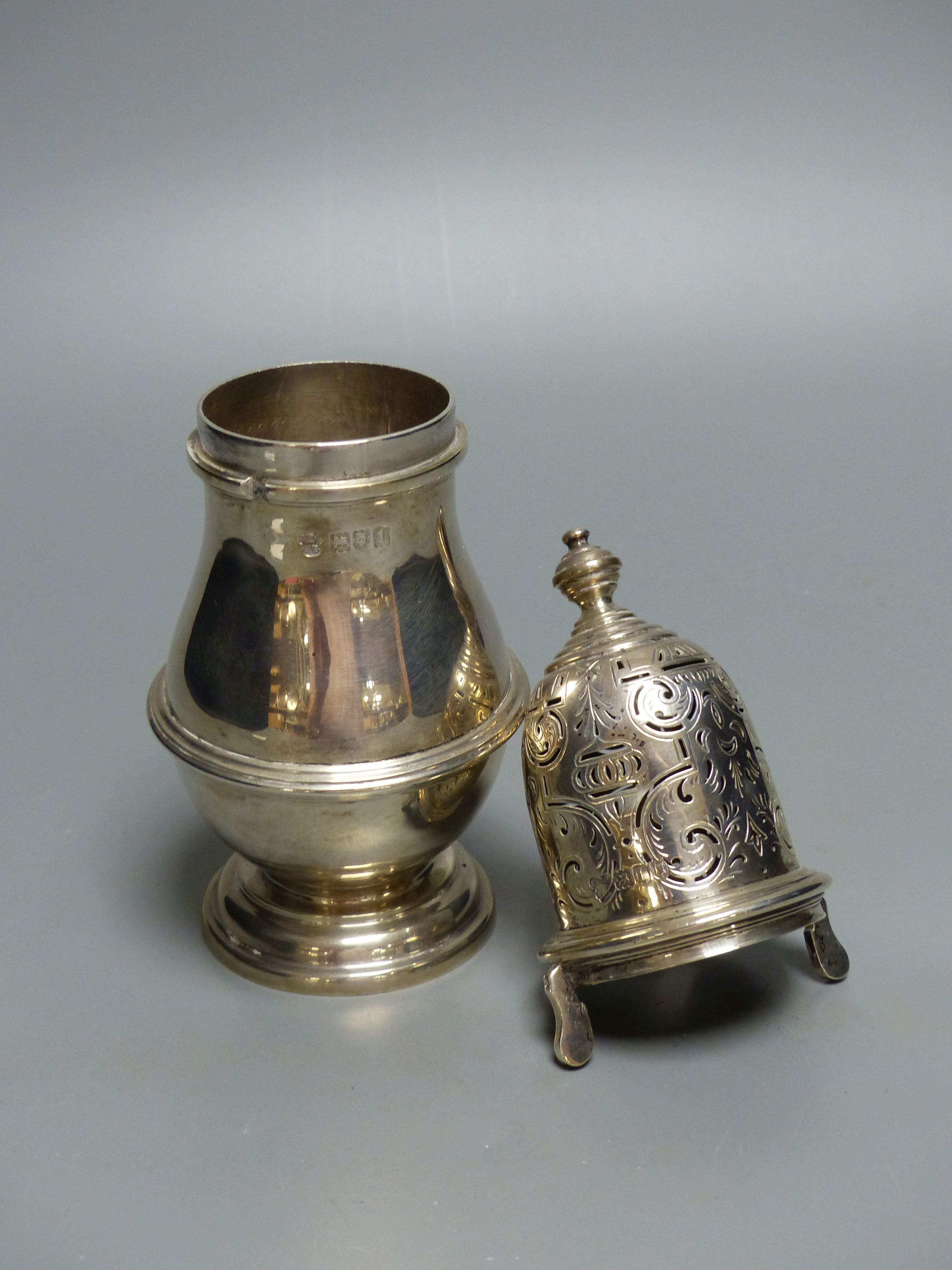 An Edwardian silver baluster sugar caster, Z. Barraclough & Sons, London, 1906, 20.7cm, 11.5oz.